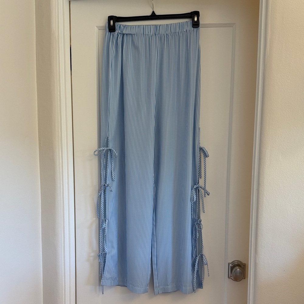 Miss Sparkling Blue Striped Wide Leg Pants with Side Ties